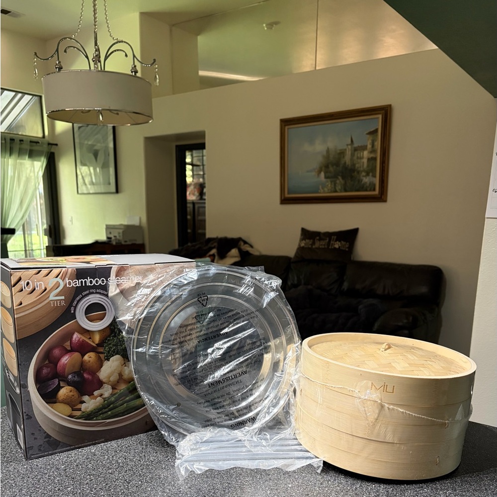 Miu Bamboo Steamer Basket with Lid plus stainless steel ring adapter
